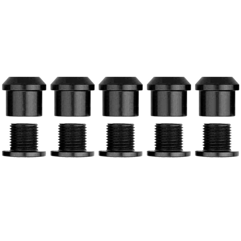 5 black anodized aluminum chainring nuts and 5 black bolts for MTB chainring attachment, 5-piece set