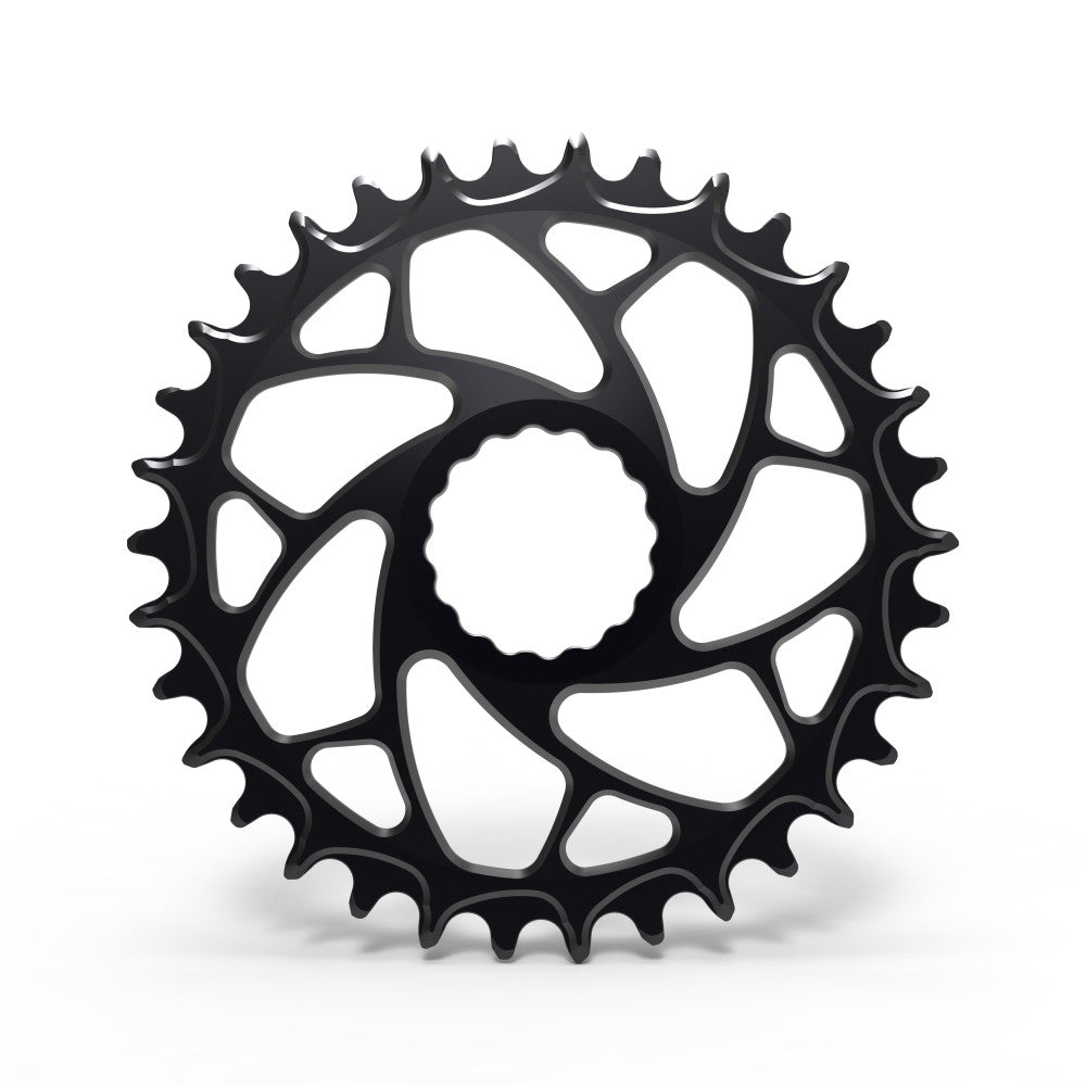 Czarna okrągła zębatka narrow-wide MTB ALUGEAR z pająkiem o spiralnych wycięciach, Race Face Cinch direct-mount