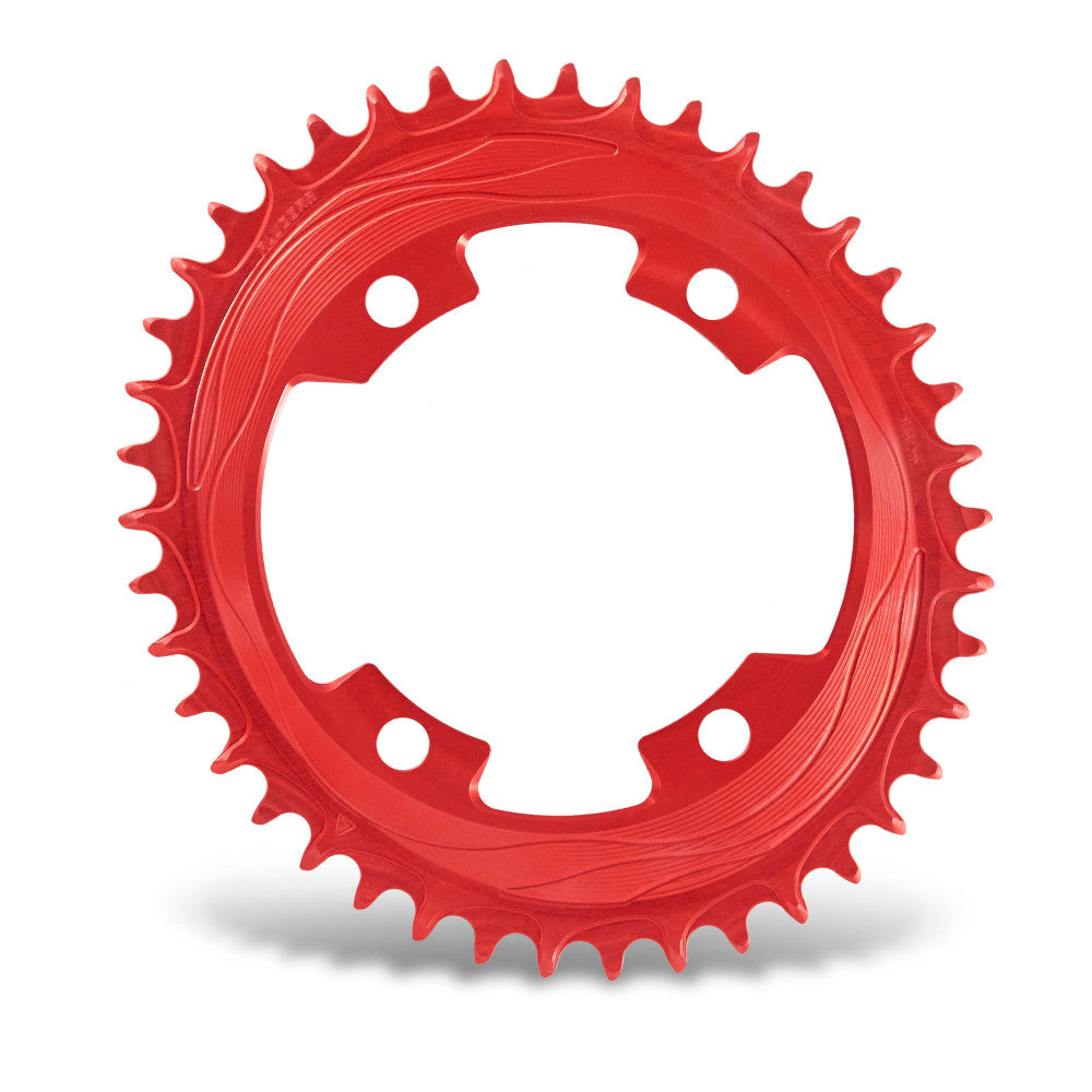 Red anodized ALUGEAR AERO round road chainring, 107 BCD 4-bolt SRAM asymmetric, machined wave finish