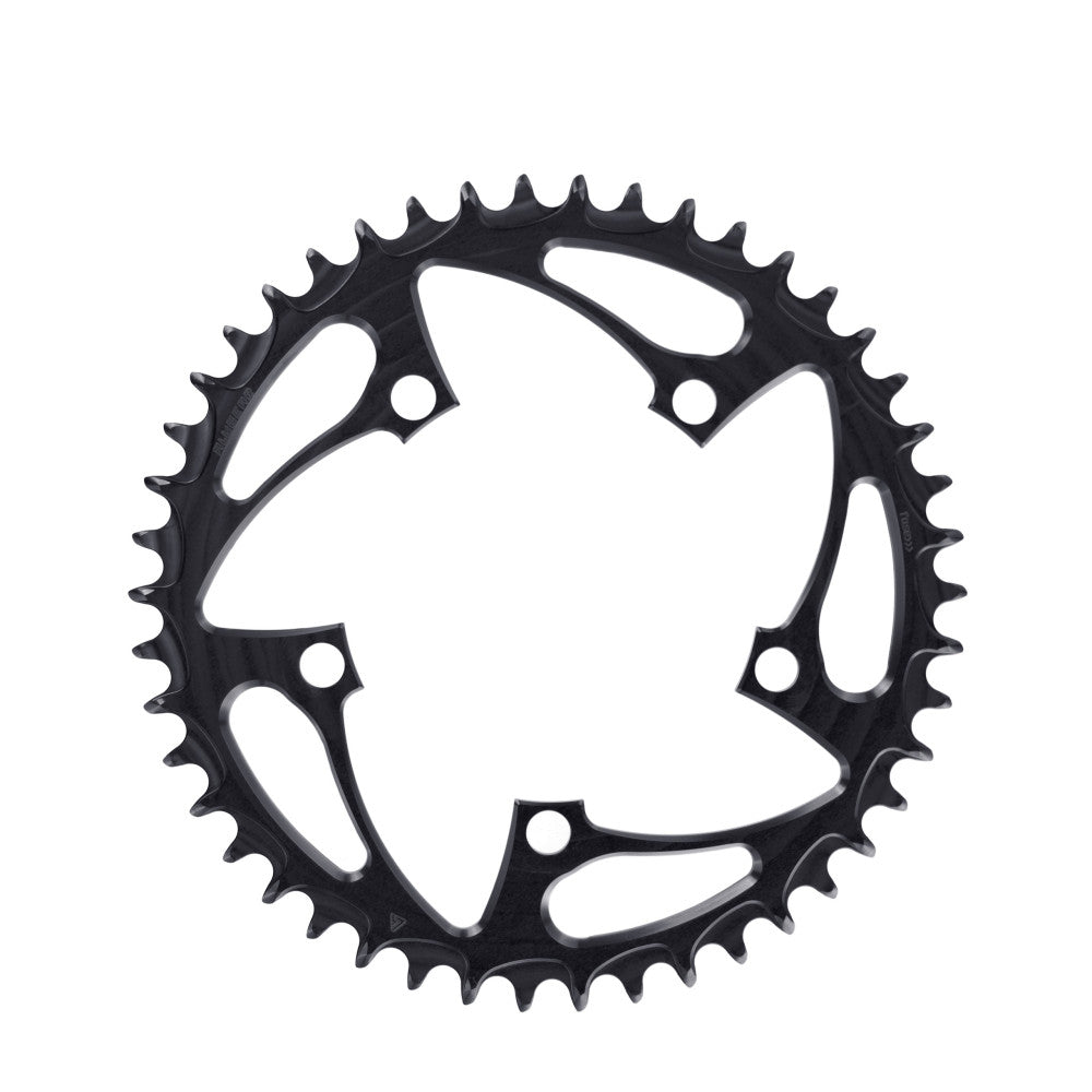 Black round ALUGEAR road/gravel chainring, 110 BCD 5-bolt, star cut-out spider, narrow-wide teeth
