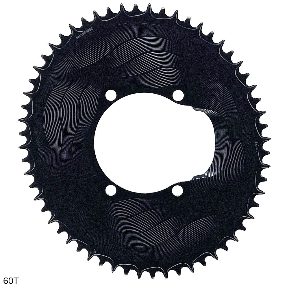 Black oval ALUGEAR road chainring with wave-pattern face, 110 BCD 4-bolt Shimano asymmetric, 1X 12-speed, 60T engraved