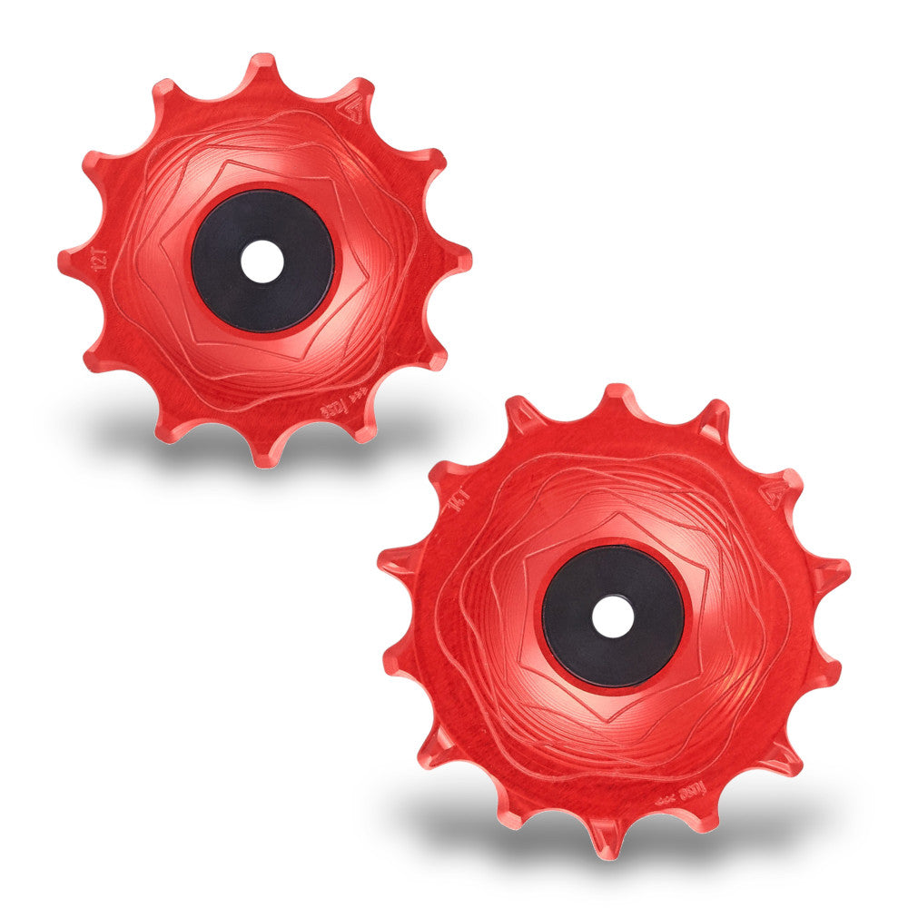 Pair of red anodized ALUGEAR AERO MTB rear derailleur pulleys, 14T+12T, SRAM 11/12-speed, wave-machined face