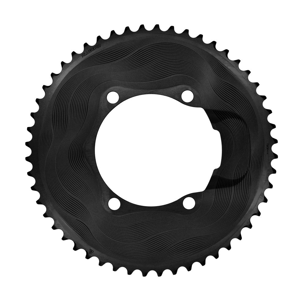 Black round ALUGEAR AERO outer 2X road chainring, 110 BCD 4-bolt Shimano asymmetric, wave-machined face