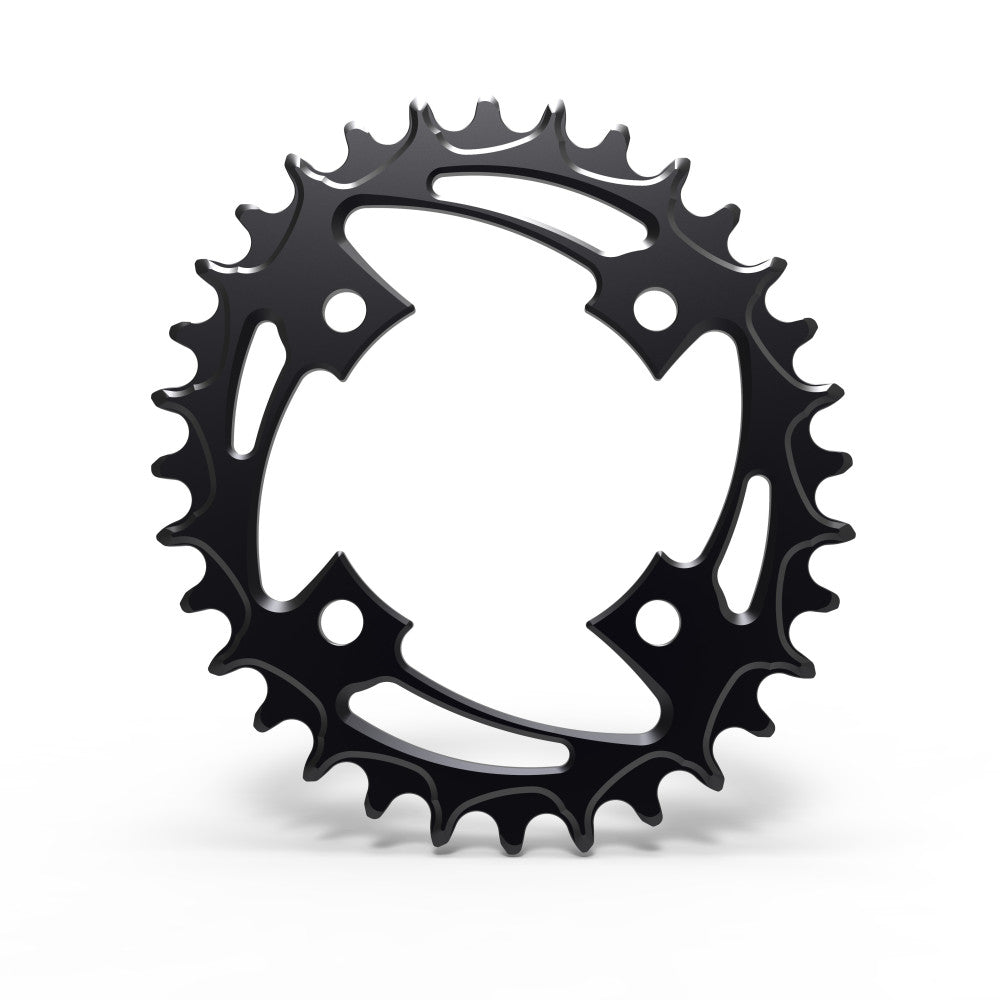 Black oval ALUGEAR MTB chainring, 82 BCD 4-bolt mount, open curved 4-arm spider, narrow-wide teeth