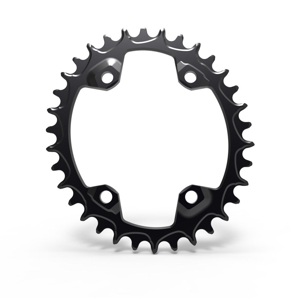 Black oval ALUGEAR MTB chainring, 96 BCD 4-bolt Shimano asymmetric, narrow-wide teeth, front view