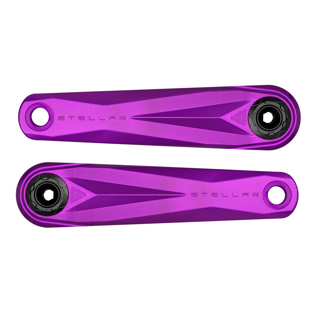 Pair of purple anodized ALUGEAR Stellar AL MTB crank arms, face view showing STELLAR engraving, splined interface