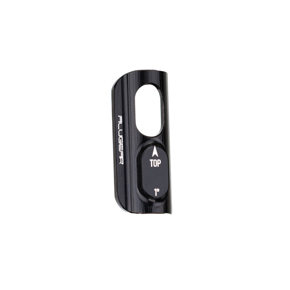 Black ALUGEAR front derailleur adapter, machined aluminium, oval slot, TOP 1 degree marking, side view