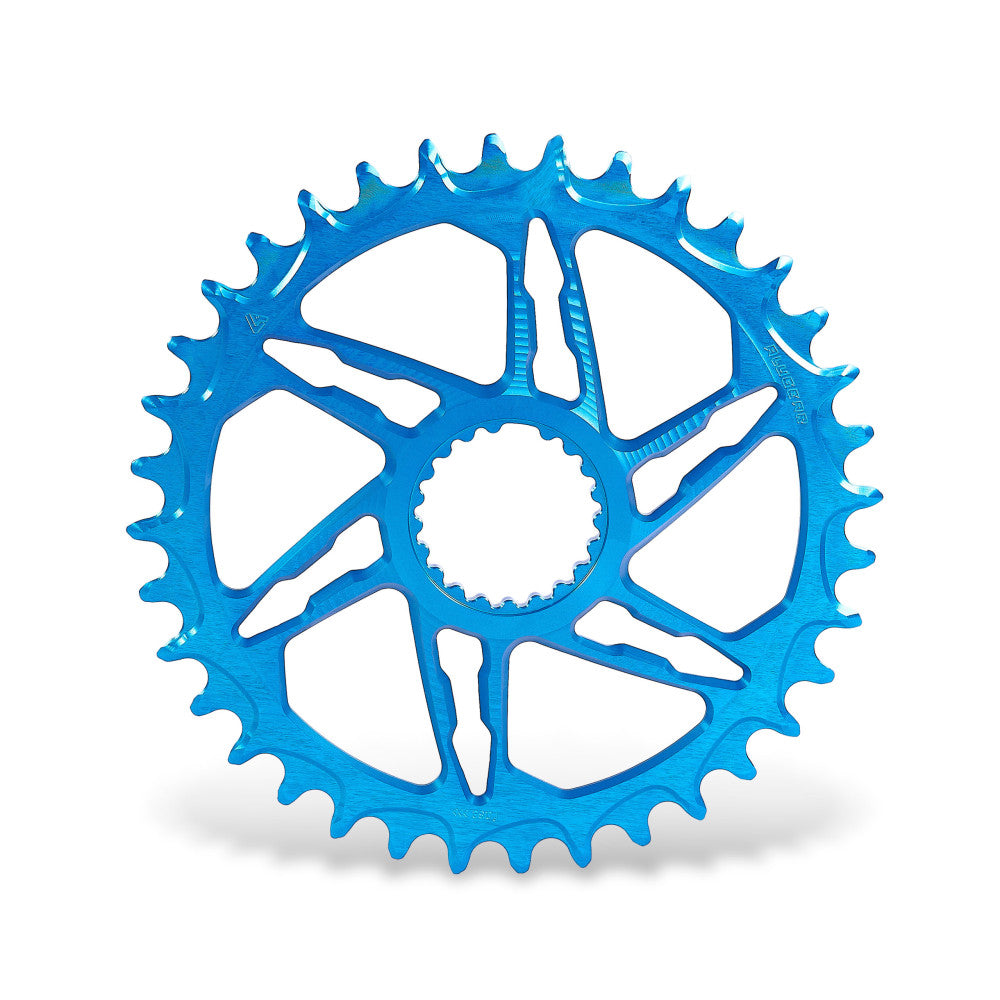 Blue anodized round ALUGEAR boost MTB chainring, Shimano direct-mount 12-speed, spoke-pattern open cut-outs