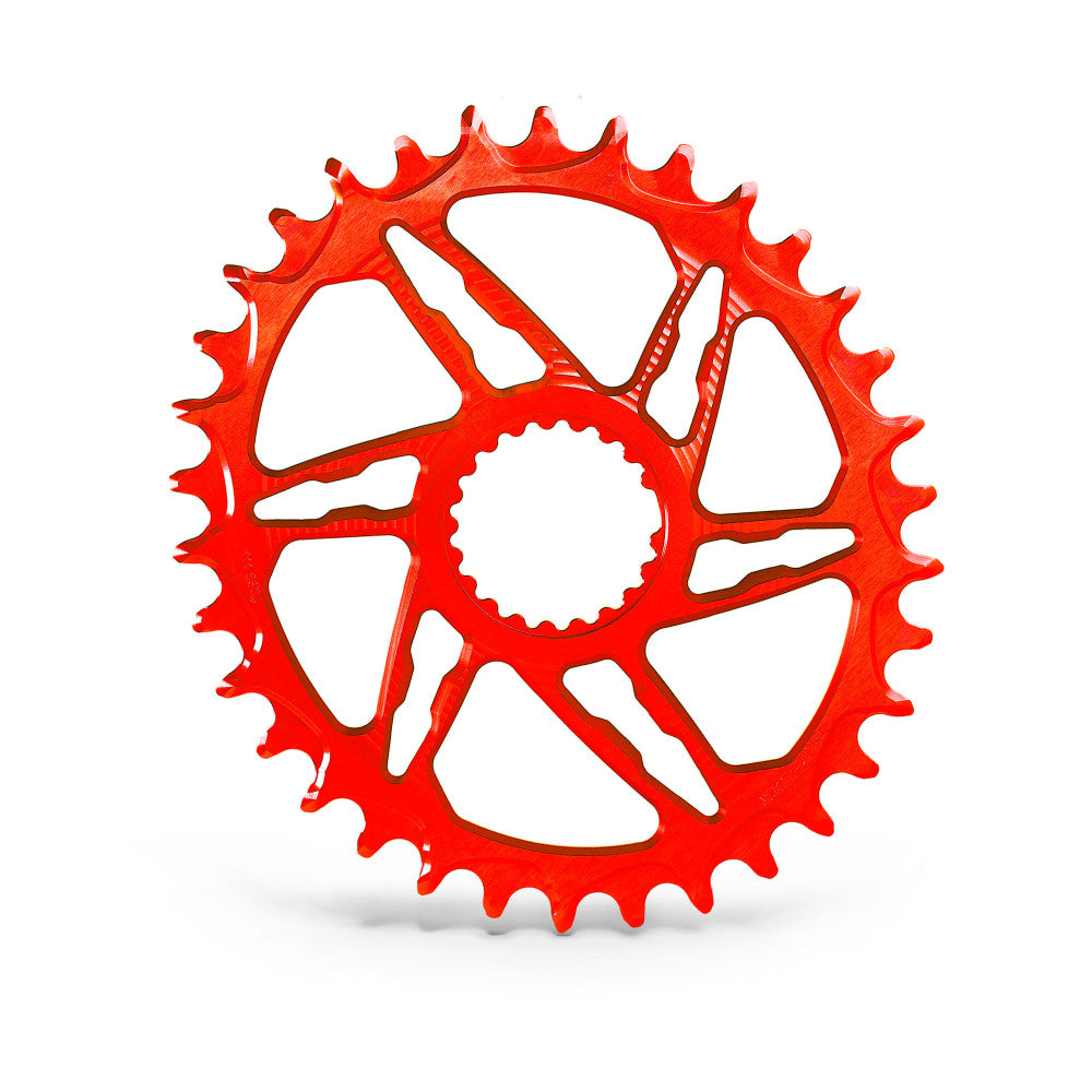 Red anodized round ALUGEAR boost MTB chainring, Shimano direct-mount 12-speed, angled view showing spoke cut-outs