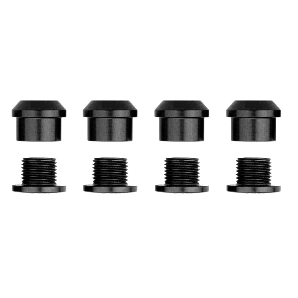 Black anodized chainring bolt set 4 pieces, short flat cap style nuts and threaded bolts, front view