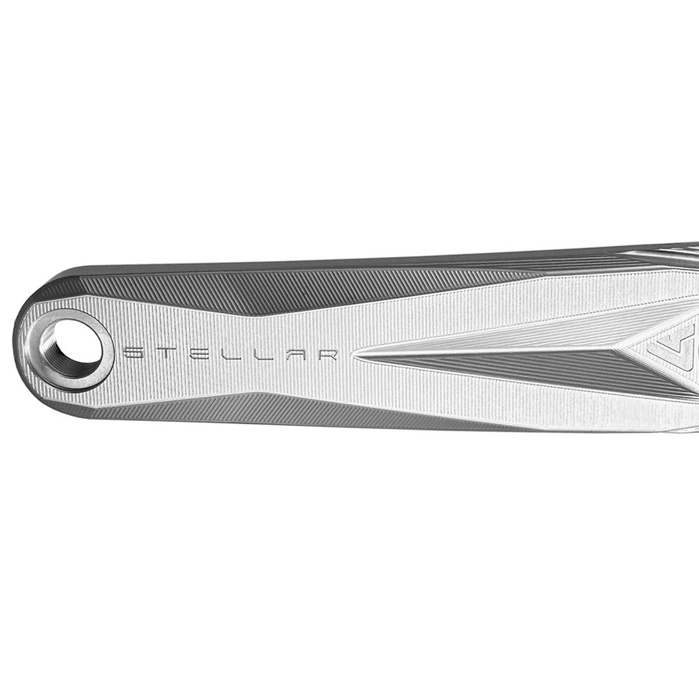 Close-up of silver ALUGEAR Stellar AL MTB crank arm tip showing STELLAR engraving and ALUGEAR logo