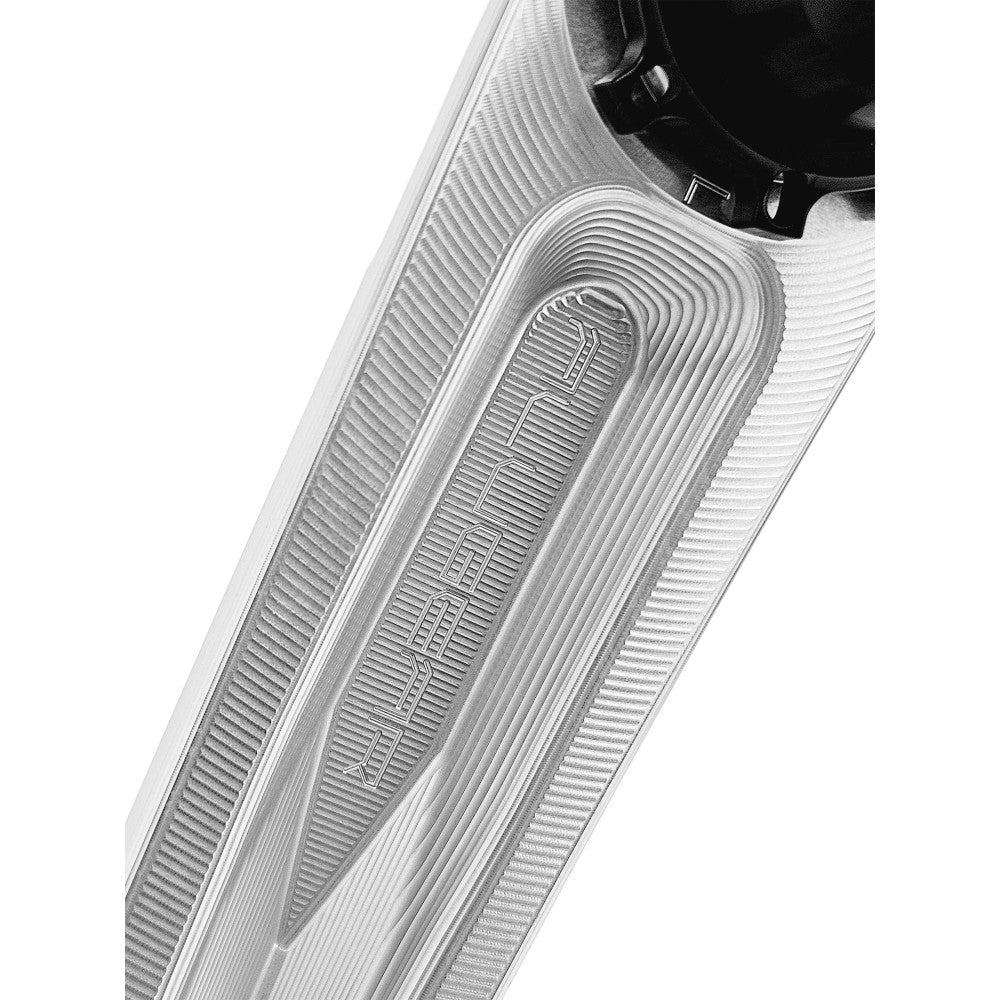 Macro of silver ALUGEAR Stellar AL MTB crank arm inner face showing ALUGEAR branding and machined hollow channel
