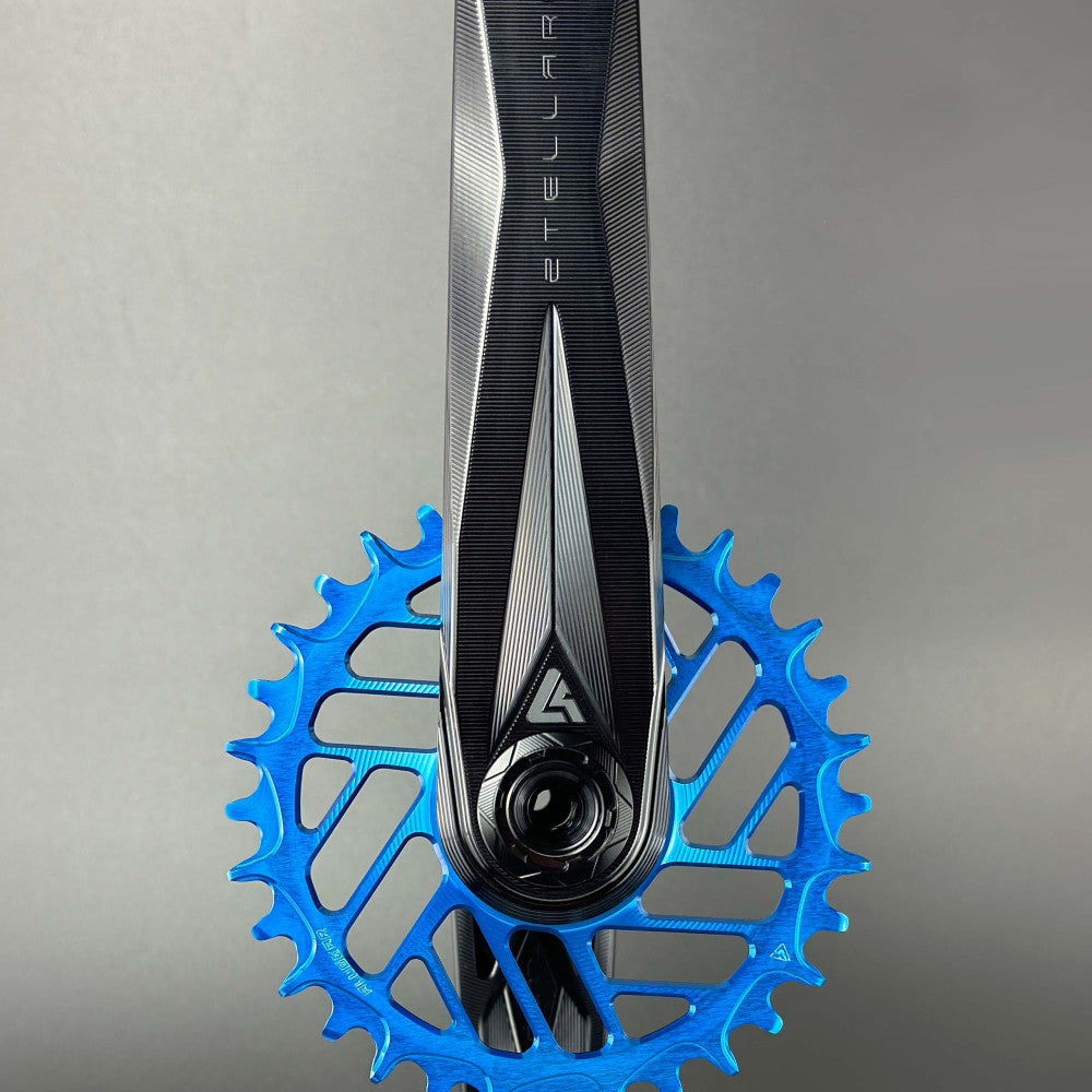 Black ALUGEAR Stellar AL MTB crank arm with blue round direct-mount narrow-wide chainring, studio product shot