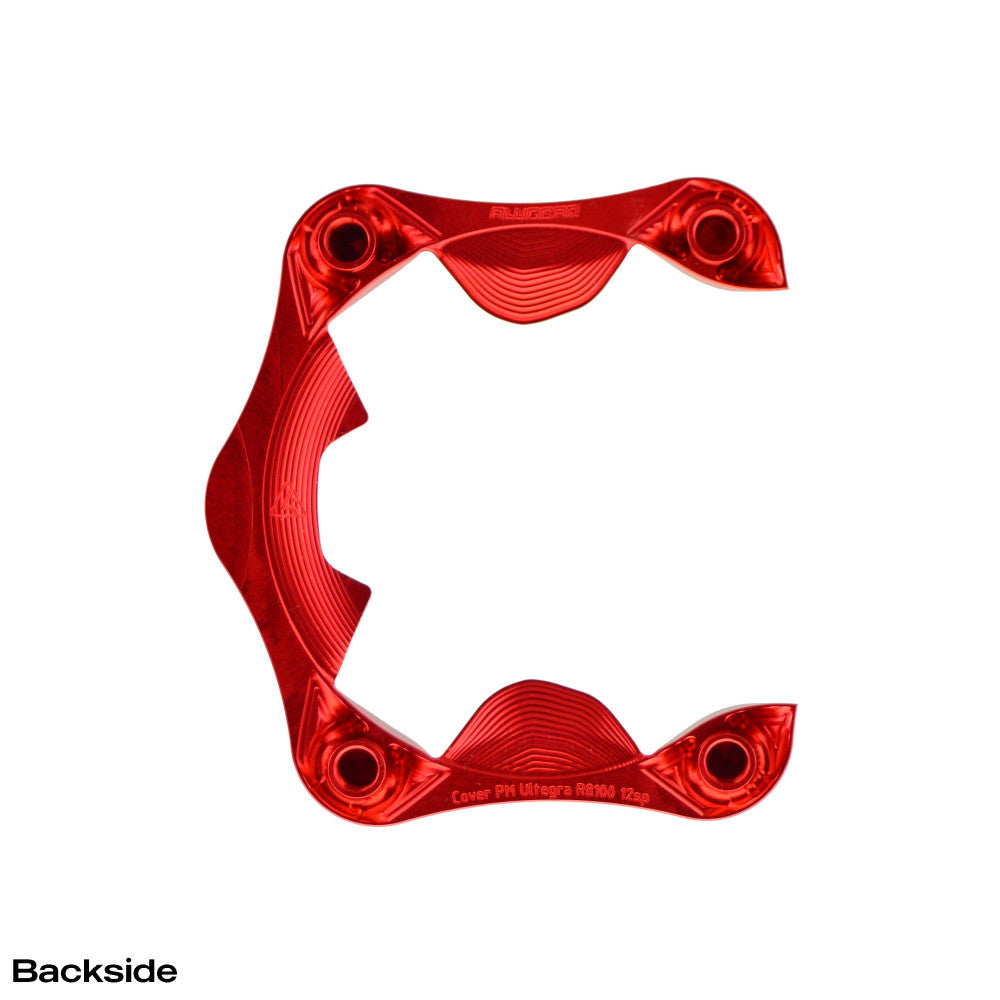 Red anodized ALUGEAR aero cover backside labeled Cover PM Ultegra R8100 12sp for power meter cranks