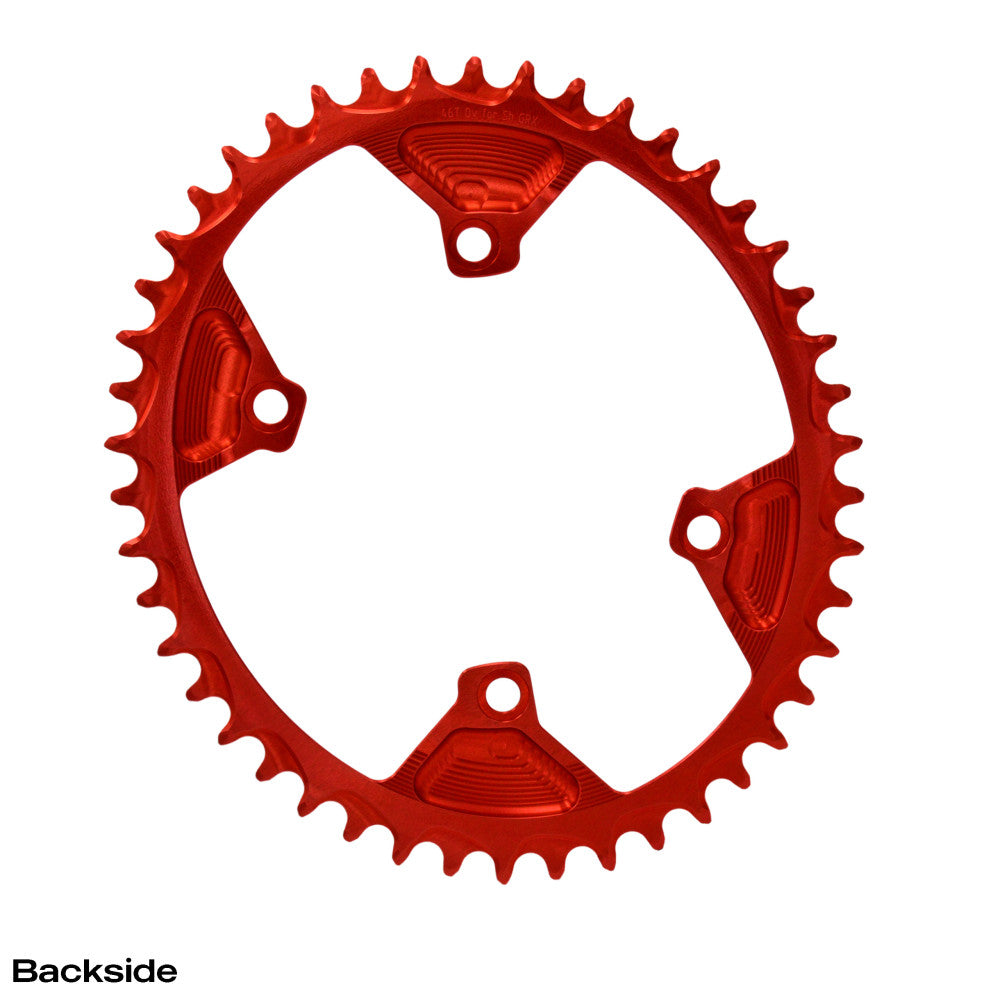 Red anodized round ALUGEAR gravel chainring backside, 110 BCD 4-bolt Shimano GRX, geometric spoke pattern