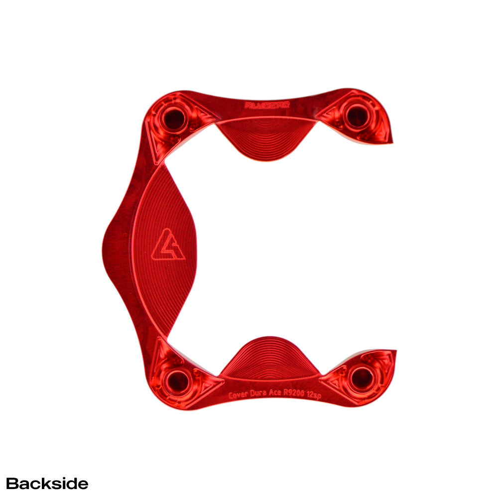 Red anodized ALUGEAR aero spider cover backside labeled Cover Dura Ace R9200 12sp with ALUGEAR logo