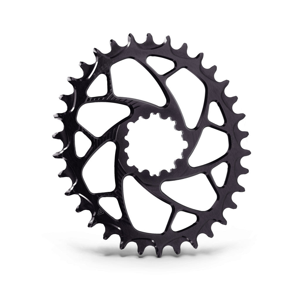 Black anodized ALUGEAR round narrow-wide MTB chainring with spiral cut-out spider, SRAM 3-bolt direct-mount