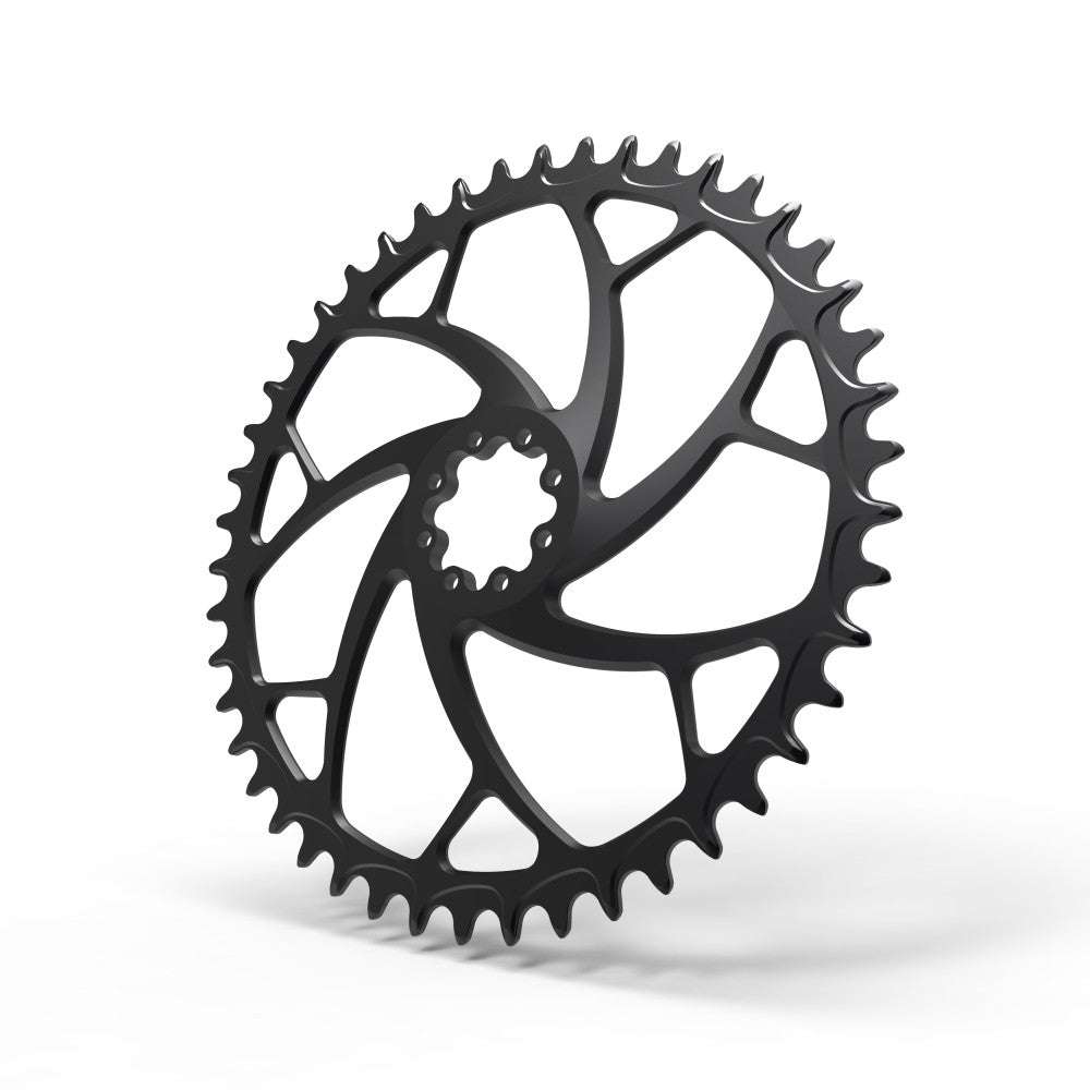 Black ALUGEAR round 1X road/gravel chainring with 6-bolt interface, SRAM 8-bolt direct-mount