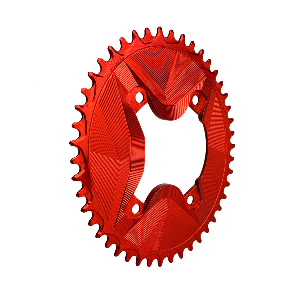 Red anodized round ALUGEAR 1X AERO chainring for Shimano GRX, angled side view showing machined face