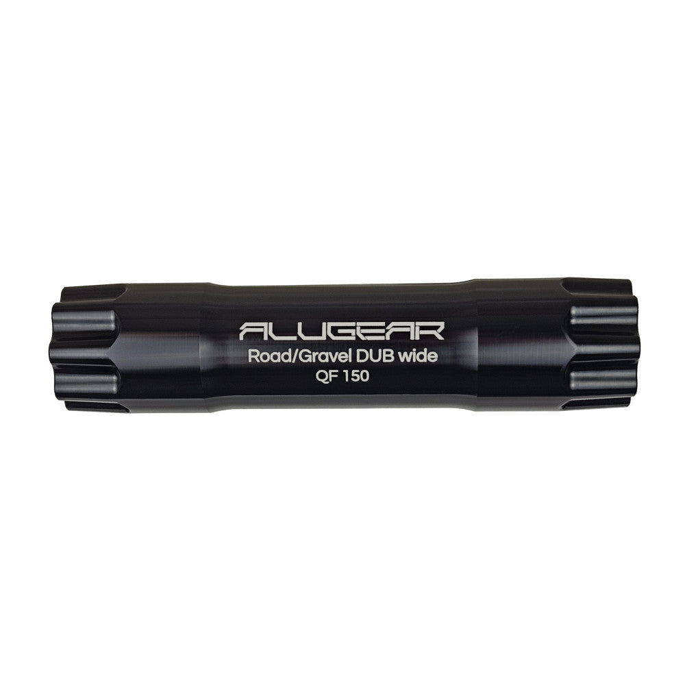 Black anodized ALUGEAR SRAM DUB Road/Gravel wide spindle, QF 150mm, thread direction markings