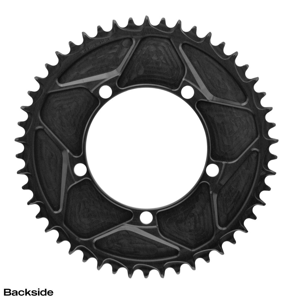 Black round ALUGEAR AERO road chainring, 110 BCD 5-bolt, 1X, machined wave finish, backside view