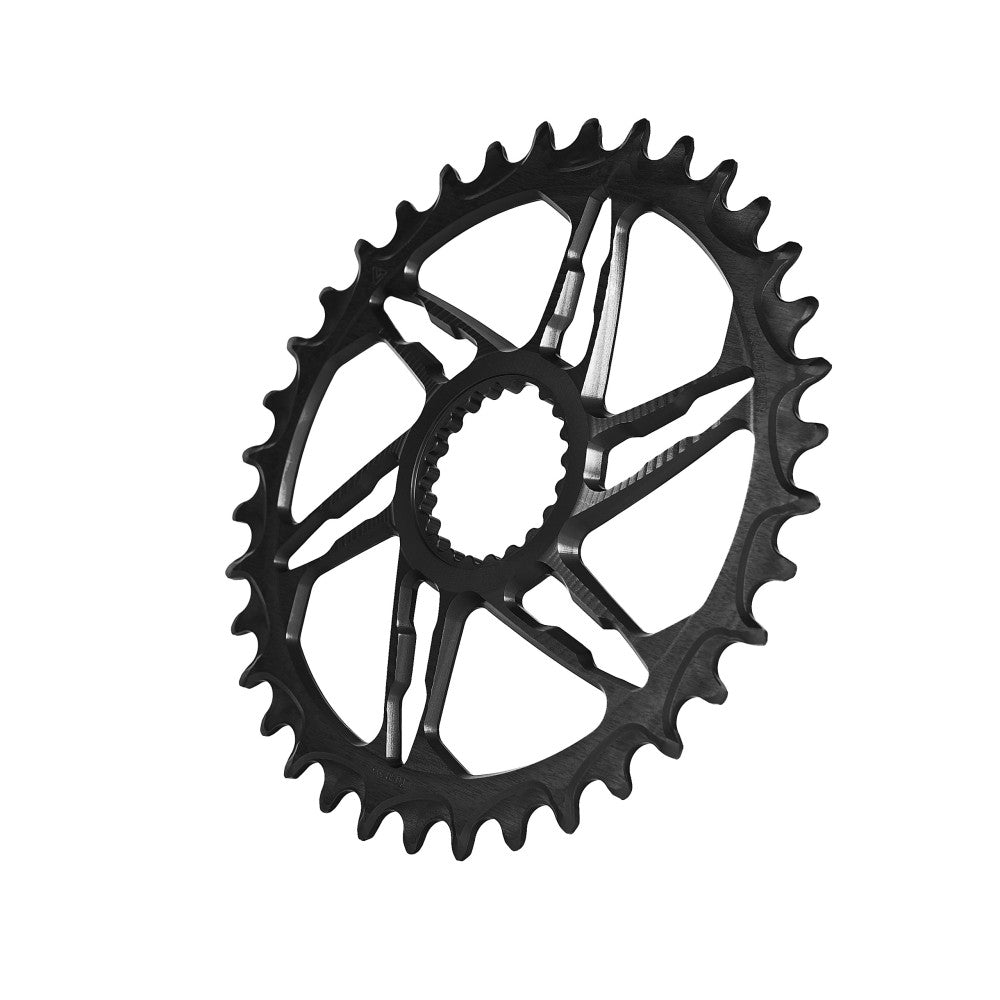 Black ALUGEAR round MTB chainring, Shimano direct-mount 12-speed, open 5-arm spider cut-out, angled view