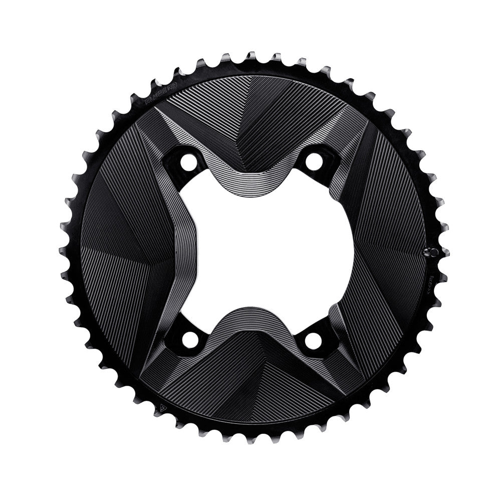 Black round ALUGEAR outer chainring for Shimano GRX 2x, asymmetric 4-bolt spider interface, AERO wave finish
