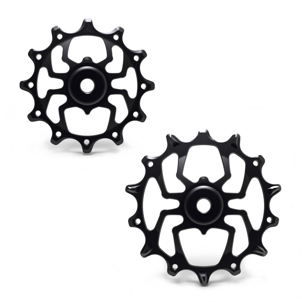 Pair of black anodized ALUGEAR Spider-style MTB rear derailleur pulleys, SRAM 11/12-speed compatibility