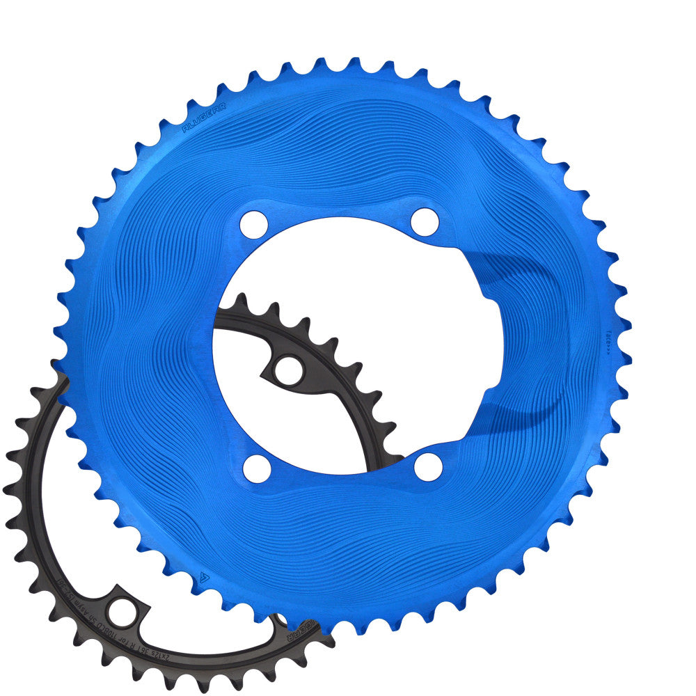 Blue anodized ALUGEAR round road outer chainring and black inner ring pair, 110 BCD 4-bolt Shimano asymmetric, wave pattern