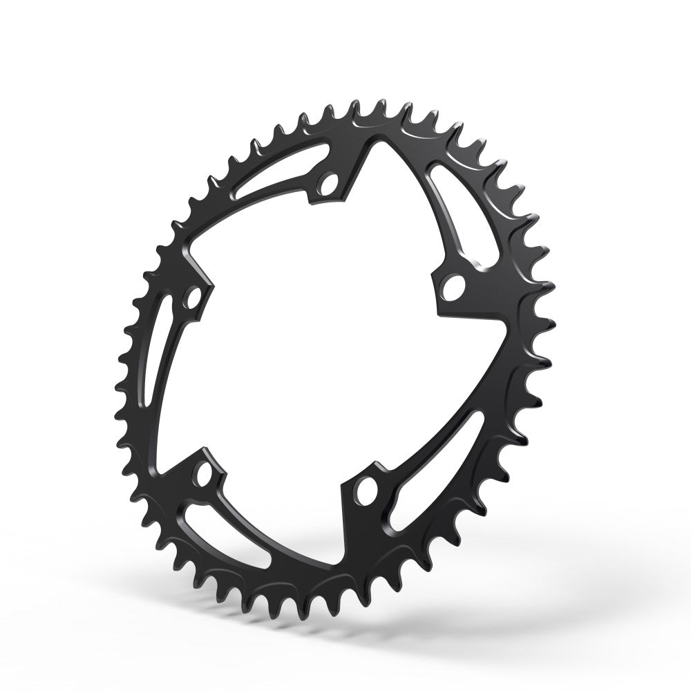 Black round ALUGEAR road chainring with slot-cut spider, 130 BCD 5-bolt, 1X narrow-wide teeth, angled 3D view