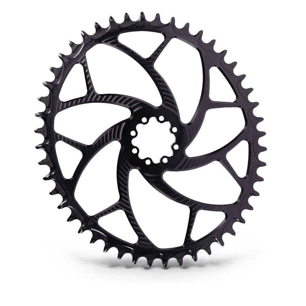 Black ALUGEAR oval 1X road/gravel chainring with 6-bolt interface, SRAM 8-bolt direct-mount