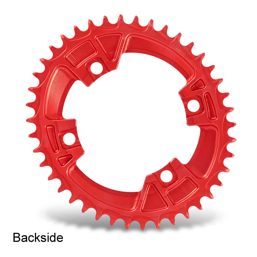Red anodized ALUGEAR AERO round road chainring, 107 BCD 4-bolt SRAM asymmetric, backside view