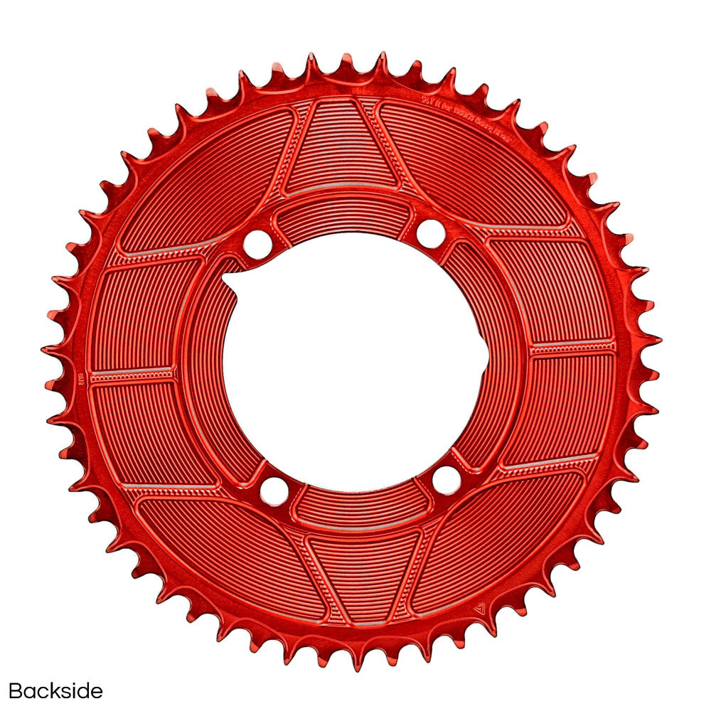 Red anodized ALUGEAR round road 1X chainring backside for Dfour power meter, 4-bolt asymmetric, geometric triangle pattern