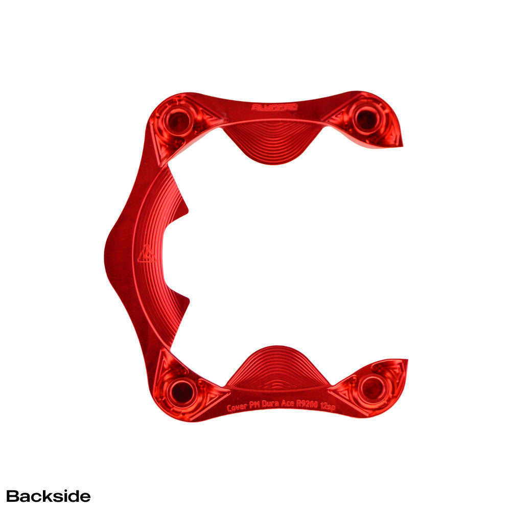 Red anodized ALUGEAR aero cover for Dura-Ace R9200 12-speed PM cranks, backside view with engraved model label
