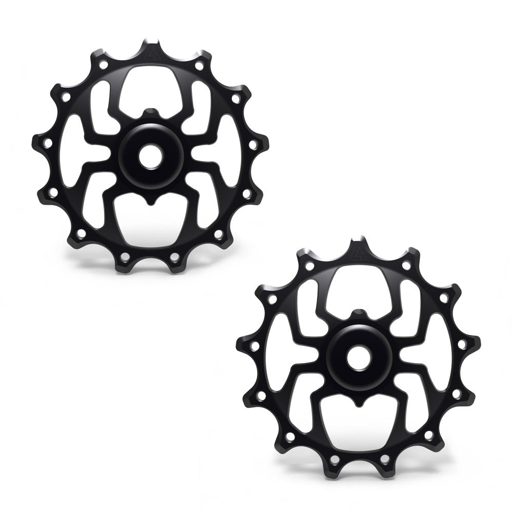 Pair of black anodized ALUGEAR Spider-style MTB rear derailleur pulleys, 13T+13T, Shimano 12-speed