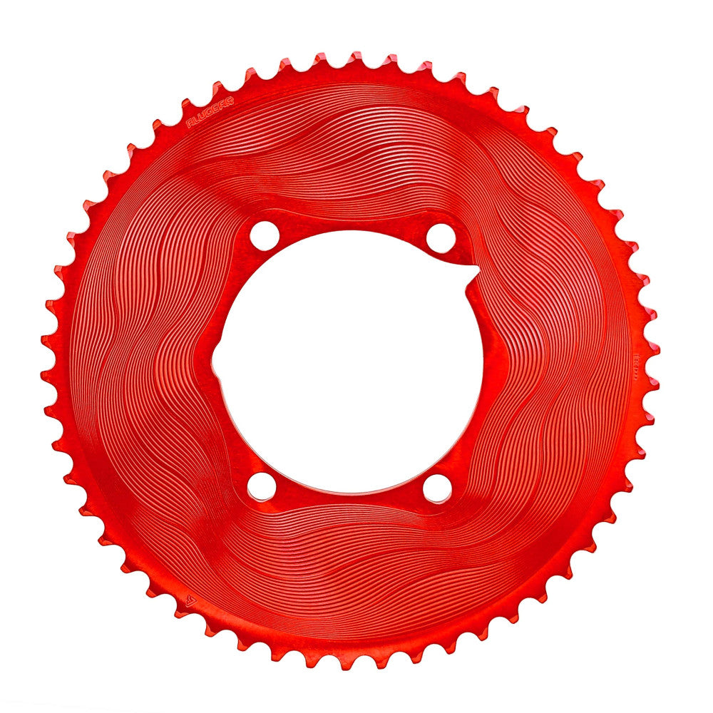 Red anodized ALUGEAR round road outer chainring alone for Dfour power meter, 4-bolt asymmetric, wave pattern