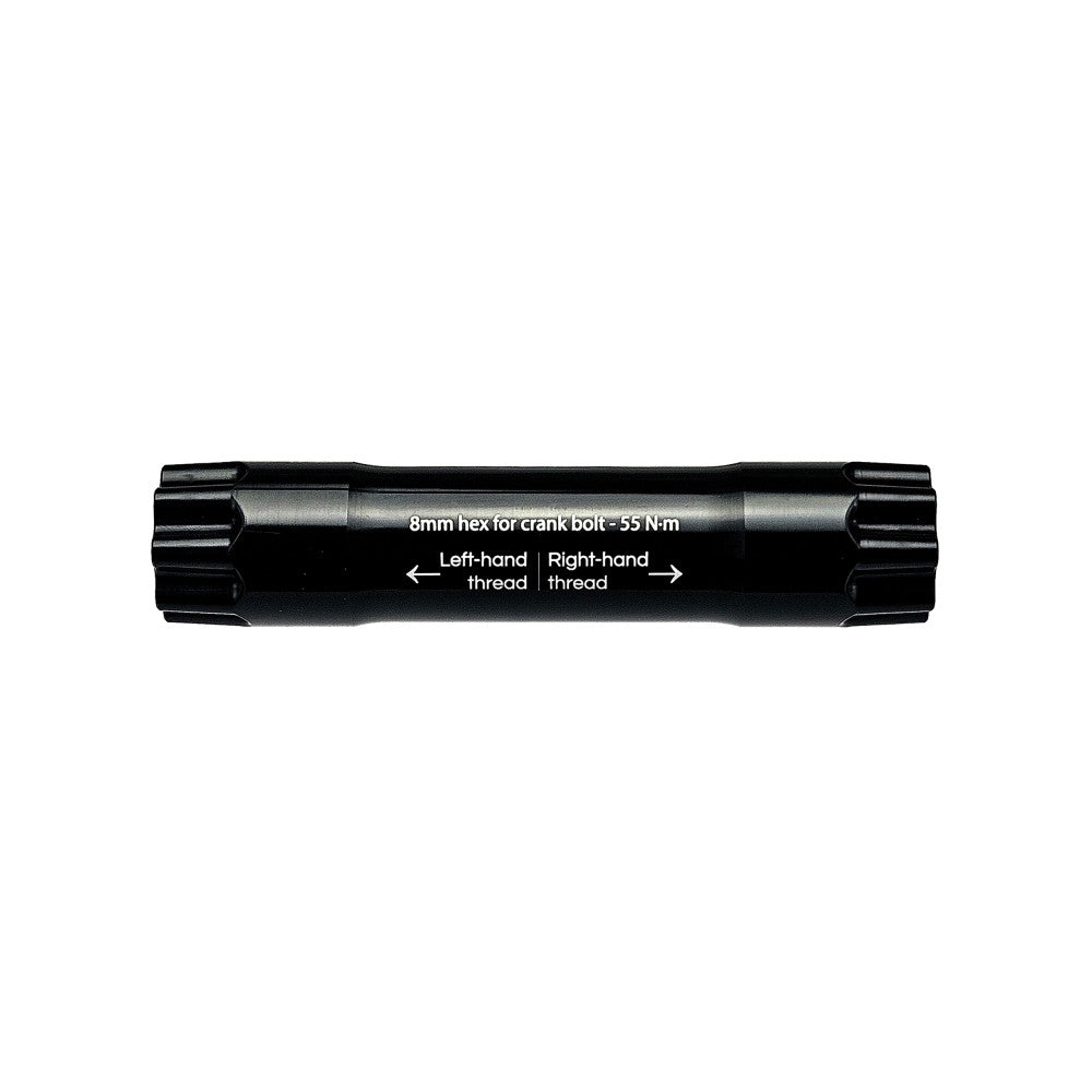 Black anodized ALUGEAR SRAM DUB MTB spindle reverse side showing left/right thread directions, 55 Nm torque