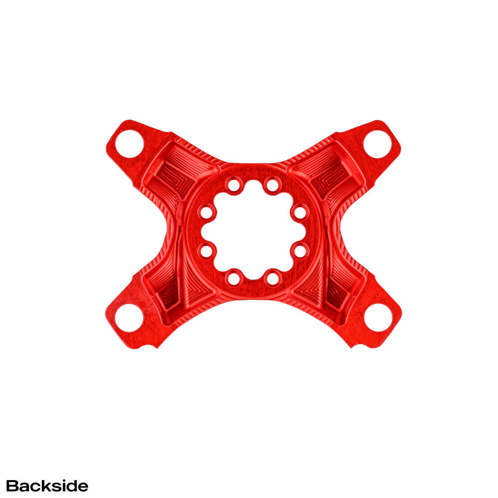 Red anodized ALUGEAR 4-arm crank spider for road chainrings, backside view, splined center bore
