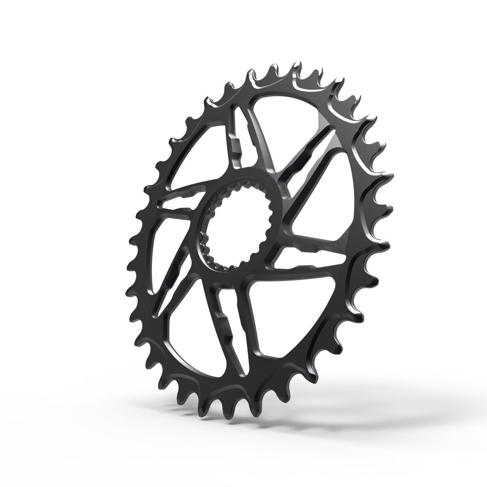 Black round ALUGEAR MTB chainring, Cannondale Hollowgram direct-mount, open web spider, narrow-wide teeth, front view