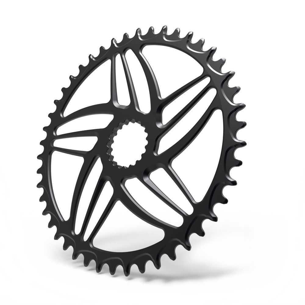 Czarna okrągła zębatka 1X road/gravel ALUGEAR, Cannondale Hollowgram direct-mount, widok pod kątem, duży otwarty pająk