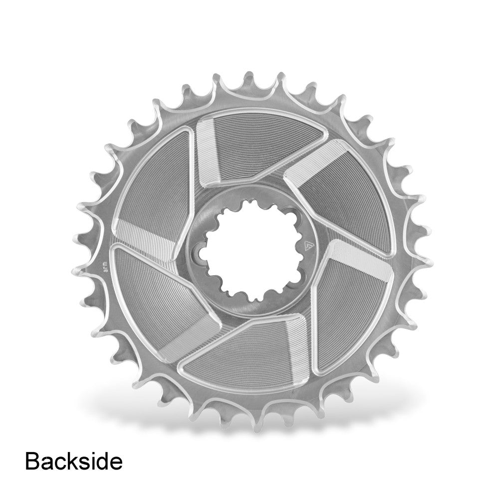 Silver natural-finish ALUGEAR round Boost MTB chainring backside, SRAM 3-bolt direct-mount, 5-arm geometric pattern