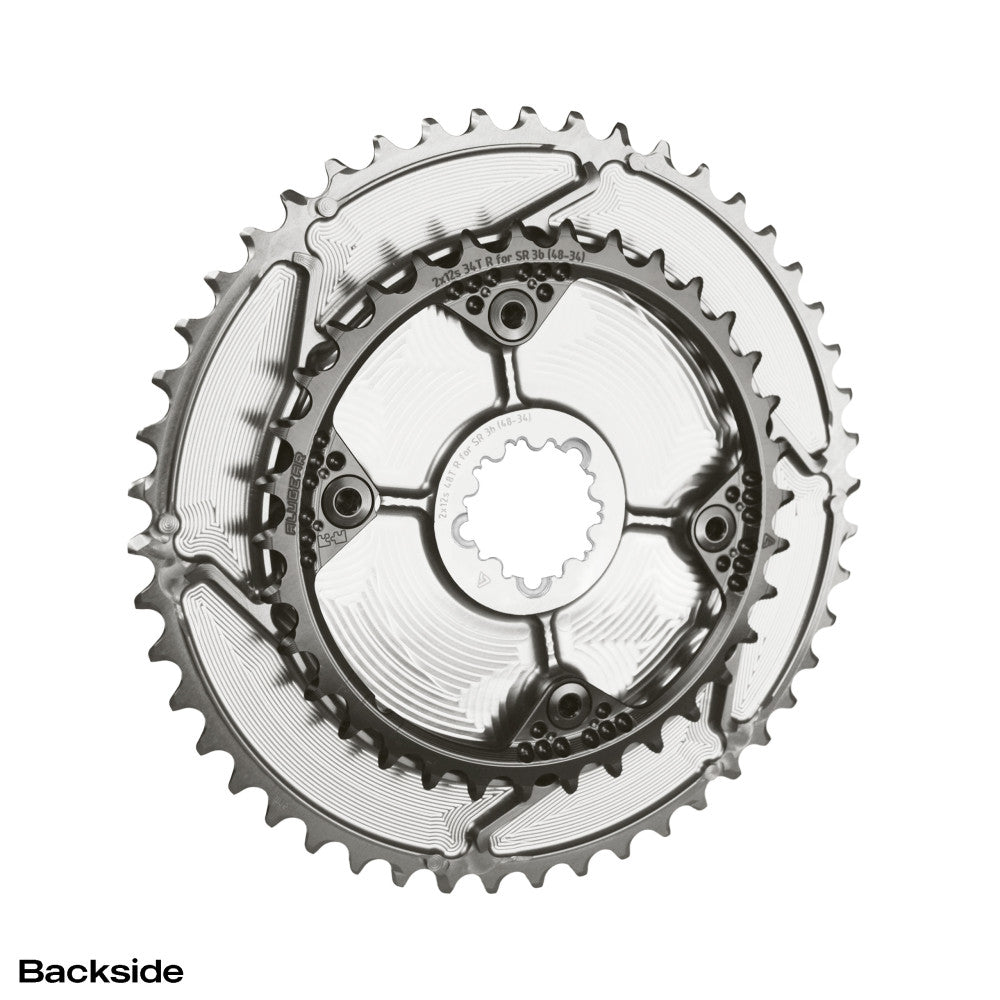 Silver natural ALUGEAR 2x round chainring set backside view, SRAM 8-bolt direct-mount, inner ring engraved 34T