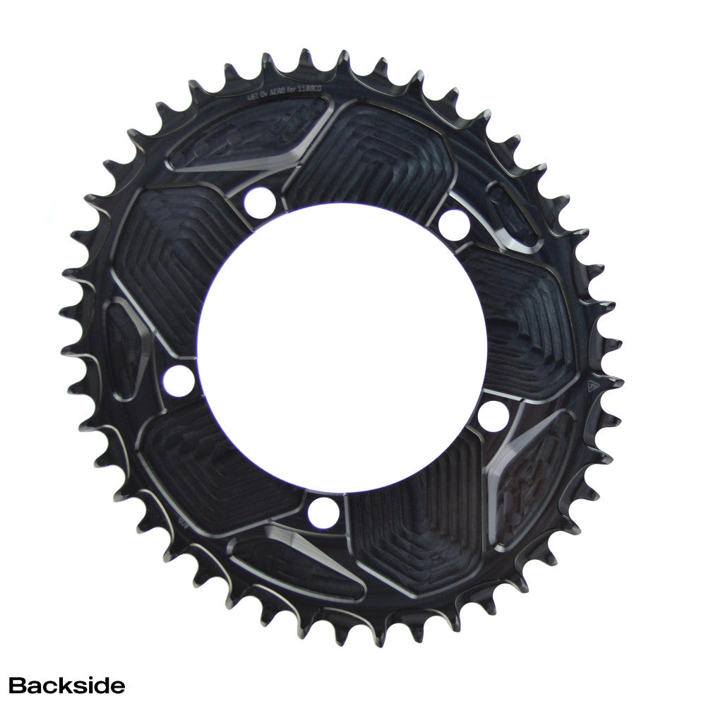 Black oval ALUGEAR AERO road chainring, 110 BCD 5-bolt, machined wave finish, 1X, backside view