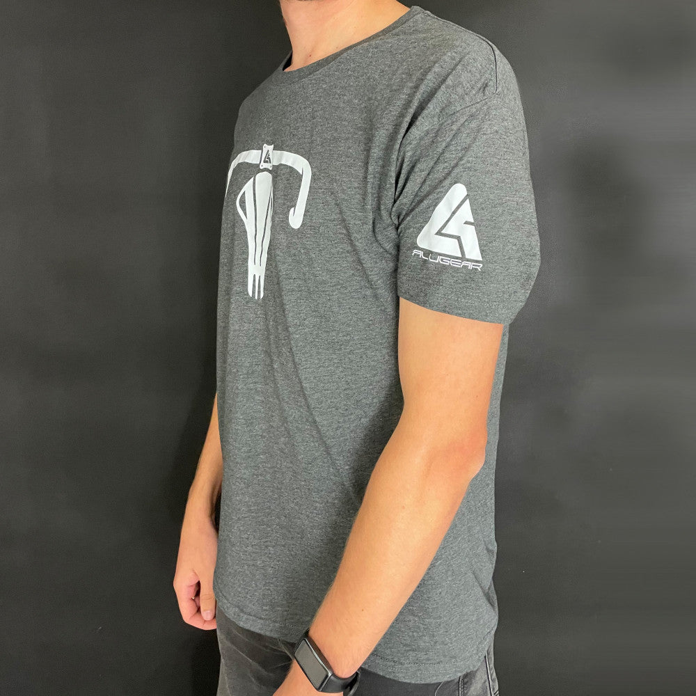 Grey heathered ALUGEAR Aries T-shirt side view showing ALUGEAR logo on sleeve