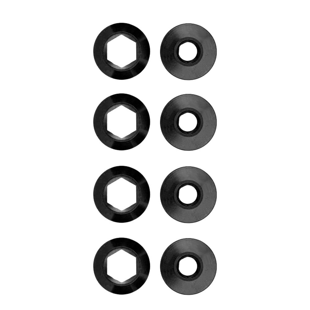 Black anodized chainring bolt and nut set, 4 pairs, flat cap style, top-down view