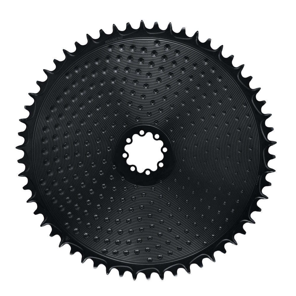 Black ALUGEAR round AERO Golf Ball 1X chainring, SRAM 8-bolt direct-mount, narrow-wide teeth, dimpled surface