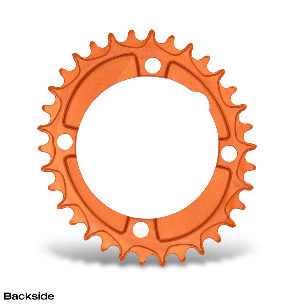 Orange anodized oval ALUGEAR AERO MTB chainring backside, 104 BCD 4-bolt, stepped panel body