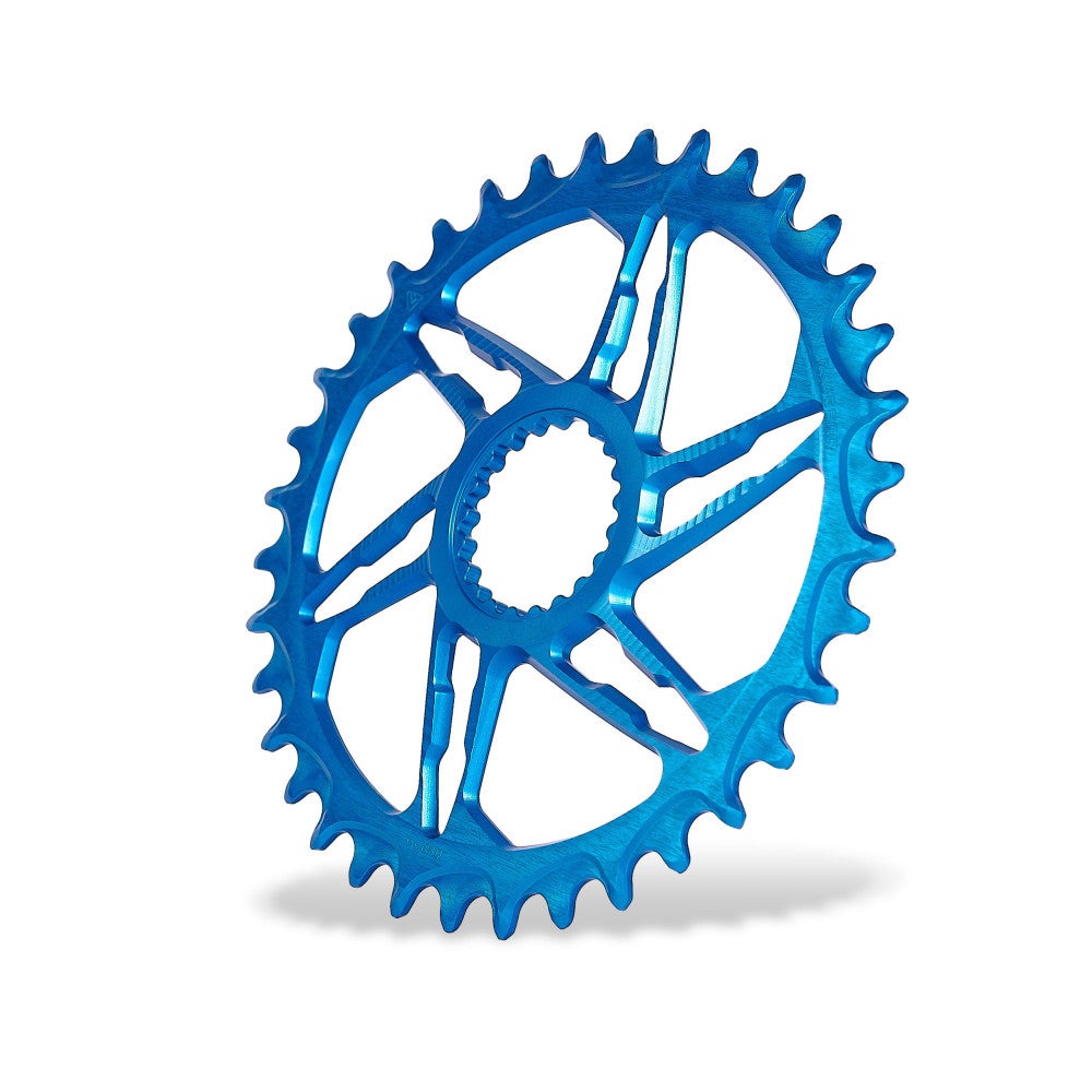 Blue anodized round ALUGEAR boost MTB chainring, Shimano direct-mount 12-speed, angled side view