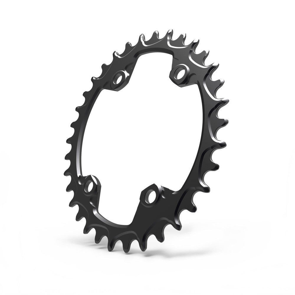Black oval ALUGEAR MTB chainring, 96 BCD 4-bolt Shimano XTR asymmetric, narrow-wide teeth, angled view
