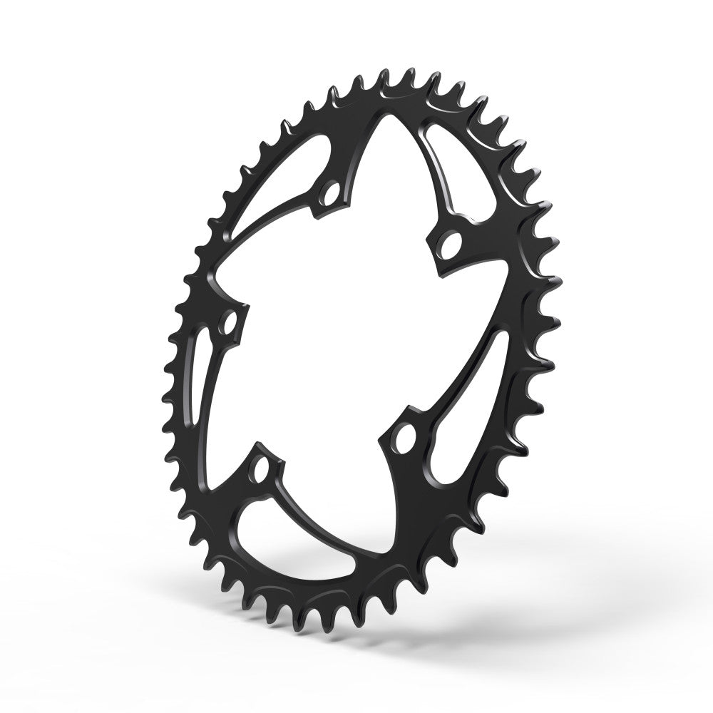 Black oval ALUGEAR road/gravel chainring, 110 BCD 5-bolt, star cut-out spider, angled view